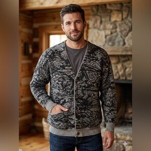 Jeff Sayer London New York Paris 100%‎ Wool Cardigan Abstract Button Pockets